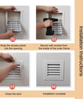 Installation steps for Top Notch Metal Attic Access Panel Door 26x30 Inch White Drywall flush mount and vent cover.