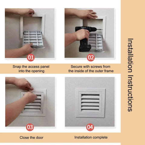 Installation steps for Top Notch Metal Attic Access Panel Door 26x30 Inch White Drywall flush mount and vent cover.