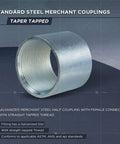 Heavy Duty 5 Inch Straight Merchant Steel Pipe Coupler Built Solid For Rough And Ready Site Work Featuring Galvanized Rust Proof Coating and secure female thread ends, showing inner thread detail.