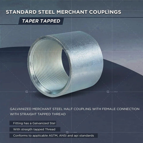 Heavy Duty 5 Inch Straight Merchant Steel Pipe Coupler Built Solid For Rough And Ready Site Work Featuring Galvanized Rust Proof Coating and secure female thread ends, showing inner thread detail.
