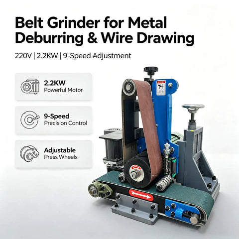 Beast Mode Belt Grinder 2.2Kw 9 Speed Benchtop Polisher with adjustable press wheels for metal deburring and wire drawing.