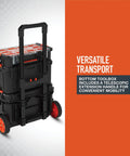 Workhorse Light Duty Modular Rolling Toolbox System with telescopic handle and two rugged rubber wheels, front view.