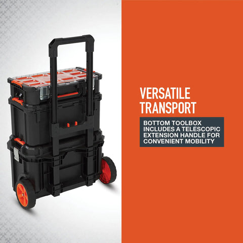 Workhorse Light Duty Modular Rolling Toolbox System with telescopic handle and two rugged rubber wheels, front view.