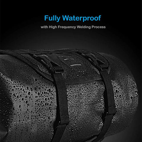 Waterproof Adjustable Capacity Bike Handlebar Bag with Detachable Dry Pack featuring tear-resistant nylon and waterproof TPU shell.
