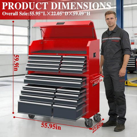 Ultimate 56 Inch Rolling Tool Chest Combo With 18 Drawers, Heavy Duty Steel Cabinet, Built-In Power Outlet, Locking System, And Mobile Wheels For Garage Or Workshop, Perfect For Mechanics And DIYers At Home