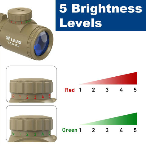 3-9x40 Rifle Scope With Red Green Illuminated Rangefinder Reticle showing 5 brightness levels for Red and Green settings