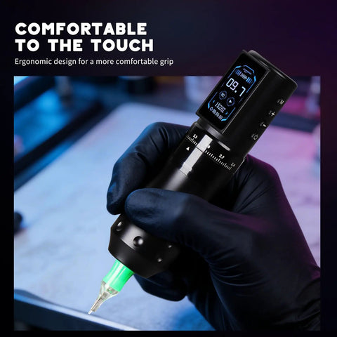 Close-up of a Wireless Tattoo Pen Kit With 2000mAh Cordless Battery in use, showing grip and digital display