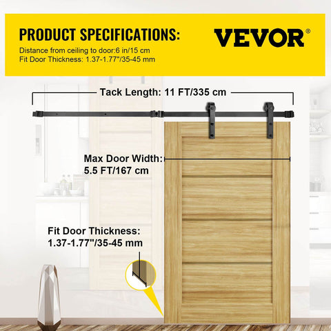 11 Ft Sliding Barn Door Hardware Kit For Heavy Duty Double Door Track System, 330 Lb Load Capacity, Carbon Steel, Black