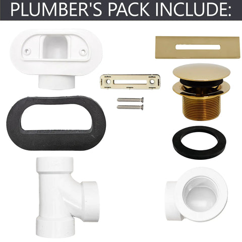 Knockout Polished Brass Tip Toe Bathtub Drain Stopper Kit Features Linear Overflow Faceplate Half Pvc Tees And Straight Fittings For No Fuss Install And Slick Glide Action Sweet Pro Grade Plumbing Setup 20 Pack components including PVC fittings and brass parts.