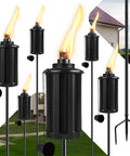 Citronella Outdoor Torches Set of 6 with 16 Ounce Fuel, 58 Inch Black Garden Lanterns on a Sturdy 3 Prong Ground Stake displayed