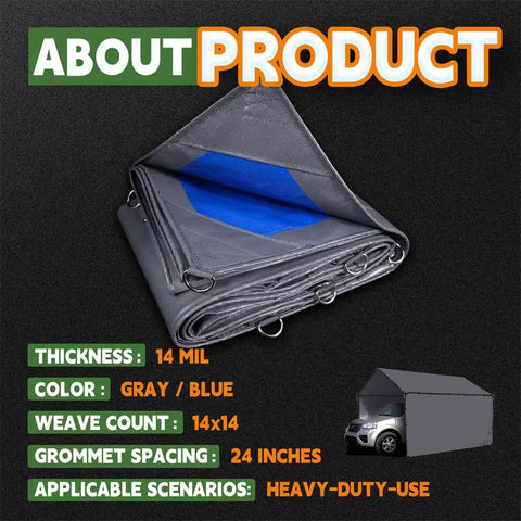 Heavy Duty Waterproof Tarp 10x16 Feet 14 Mil Pro Grade Poly With Metal Grommets, folded with visible blue and gray sides