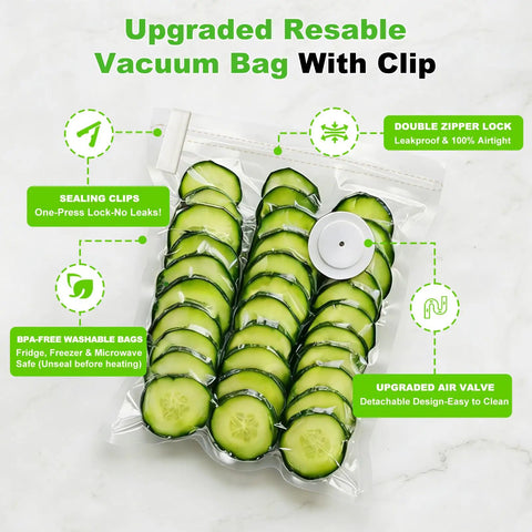 Compact Food Vacuum Sealer 80KPa Suction with cucumber slices in leakproof reusable bag