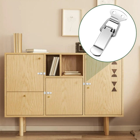 Stainless Steel Spring Loaded Toggle Latch Set Four Pack With Screws Heavy Duty Metal Locking Latch on cabinet door.