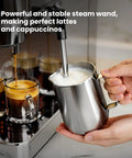 Solid Build 20 Bar Semi Automatic Espresso Machine With Pro Grade Milk Frother Led Display Adjustable Shot Volume Heavy Duty Stainless Steel Home Coffee Maker Zero Hassle Brewing with steam wand and milk pitcher.