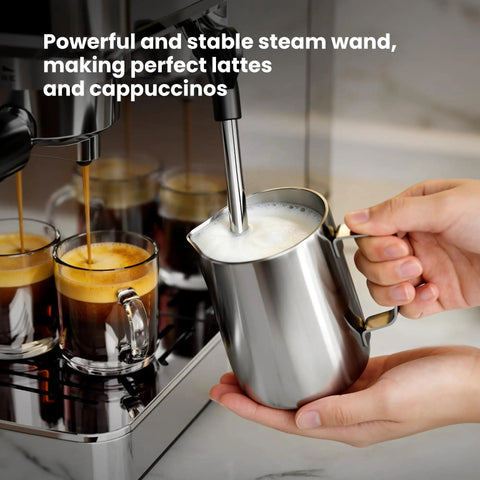 Solid Build 20 Bar Semi Automatic Espresso Machine With Pro Grade Milk Frother Led Display Adjustable Shot Volume Heavy Duty Stainless Steel Home Coffee Maker Zero Hassle Brewing with steam wand and milk pitcher.