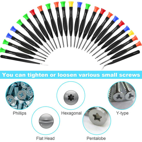 Magnetic 25 Piece Nerd-Grade Precision Screwdriver Set arranged in a semicircle with various bits displayed below