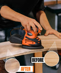 Straight Shooting Electric Detail Sander With Heavy Duty Dust Extraction And Ergonomic Palm Grip in use on wood surface.