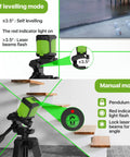 Self Leveling Laser Level With Tripod For Picture Hanging And Tile Walls, 100ft Green Cross Line Laser, Handy Home Renovation Tool For Indoor Projects, Ultra Bright 3x Green Beam, Battery Included showing features and modes