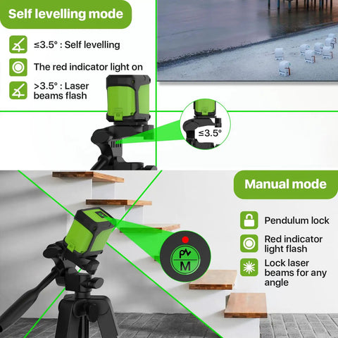 Self Leveling Laser Level With Tripod For Picture Hanging And Tile Walls, 100ft Green Cross Line Laser, Handy Home Renovation Tool For Indoor Projects, Ultra Bright 3x Green Beam, Battery Included showing features and modes