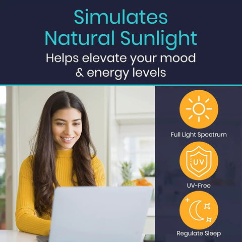 Woman using Sun Light Therapy Lamp 10000 Lux UV Free LED Happy Light for mood boost beside a laptop at a desk