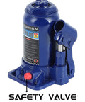 Workhorse Double Ram Bottle Jack 4 Ton Portable Hydraulic Jack With Case featuring a labeled safety valve on a blue bottle jack