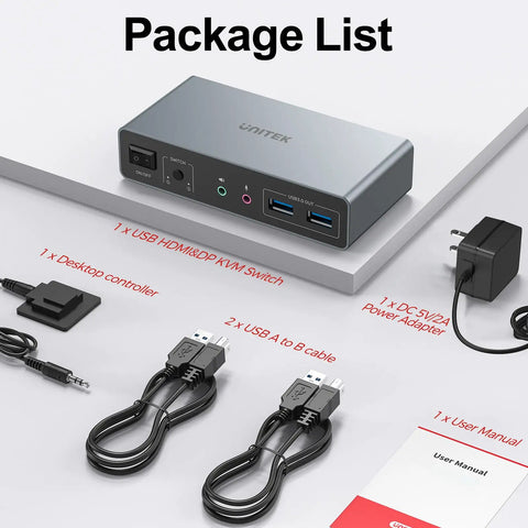 Package list for Dual Monitor KVM Switch For Two PCs With HDMI And DisplayPort, 2 In 2 Out USB 3.0 Hub For Keyboard