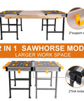 Heavy Duty Portable Workbench With 1000 Pound Capacity Folding Work Table, Two Quick Clamps, Four Bench Dogs, Three Tool Boxes, And Built In Storage For Garage, Workshop, And DIY Projects shown in sawhorse mode with support arm and link locks.