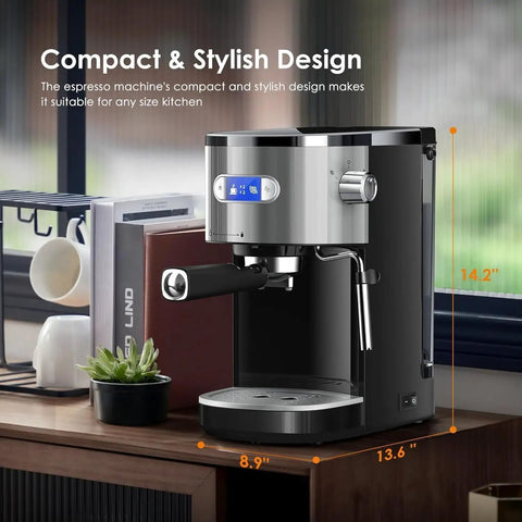 Top Shelf Commercial Espresso Machine With 20 Bar Pump And Smart Pre Infusion Silky Milk Frothing Steam Wand Compact Counter Friendly Build That Hit The Spot For Any Casual Daily Grind, shown in a kitchen setting.