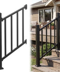 Modular Black Stainless Steel Stair Railing Kit 36 Inches High By 2 Feet Long With Snap Fit Design installed on deck stairs.