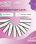 60 Pack Magnetic C Channel Label Holders for Metal Racks and Shelves, 3x1 Inches, arranged in fan shape with insert cards