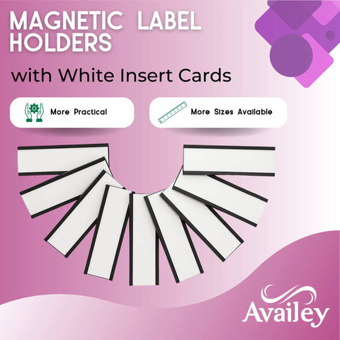 60 Pack Magnetic C Channel Label Holders for Metal Racks and Shelves, 3x1 Inches, arranged in fan shape with insert cards