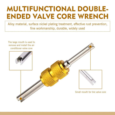 Multifunctional double-ended valve core wrench in alloy material with nickel plating, part of Garage Ready Air Conditioning Valve Core Kit