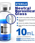 Front view of empty sterile vial, 10 mL borosilicate glass with flip-top closure and butyl rubber stopper