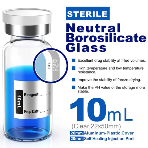 Front view of empty sterile vial, 10 mL borosilicate glass with flip-top closure and butyl rubber stopper