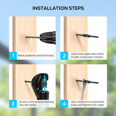 Installation steps for Black Matte Finish Cable Railing Kit And Hardware For Wood Posts With T316 Stainless Steel Marine Grade Fittings.