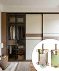 Two Pack Sliding Mirror Closet Door Rollers Replacement with screws shown next to a wardrobe with sliding doors