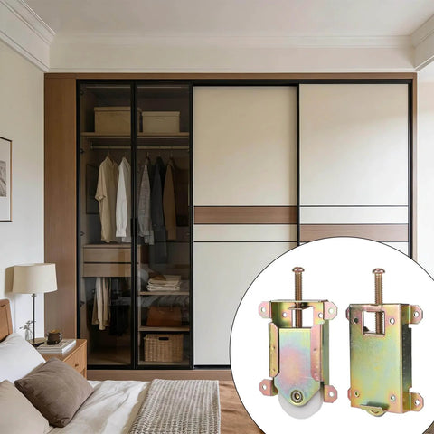 Two Pack Sliding Mirror Closet Door Rollers Replacement with screws shown next to a wardrobe with sliding doors