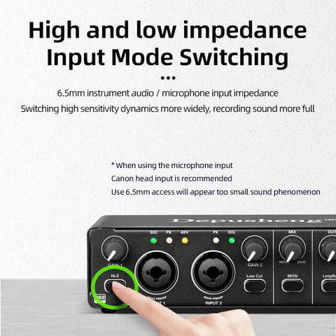Plug And Play USB Audio Interface For Home Studio With Two Mic Preamps, 48V Phantom Power, Guitar And Bass Instrument Input, front view