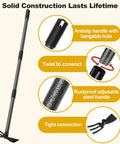 Two In One Garden Hoe And Cultivator With 45 Inch Long Handle showing antislip handle, twist connection, and rustproof steel