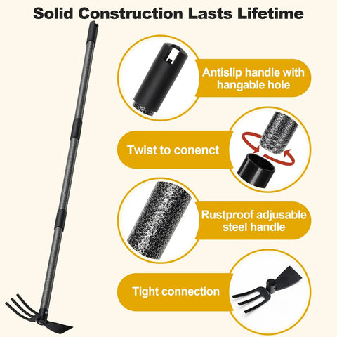 Two In One Garden Hoe And Cultivator With 45 Inch Long Handle showing antislip handle, twist connection, and rustproof steel