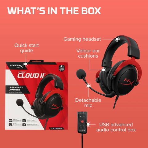 Image of Cloud II Gaming Headset With Seven Point One Surround Sound Over Ear Gamer Ready Memory Foam Ear Pads in box with features labeled.
