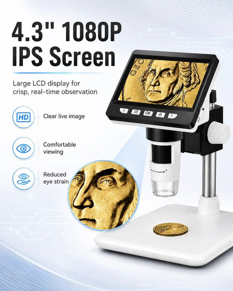 Coin Microscope 1000X With 4 3 Inch LCD Screen For Error Coins And Mint Marks For Coin Nerds 1080P USB Microscope With 8 Adjustable LEDs Photo And Video Capture Built In Storage Works With Windows And Mac, 4.3-inch LCD screen