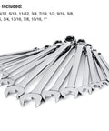 Premium Pro Grade 15 Piece SAE Wrench Set With Rack Organizer Long Pattern Design V Groove Open End And 12 Point Box Ends CrV Steel Mirror Chrome Finish From 1/4 Inch To 1 Inch, sizes included