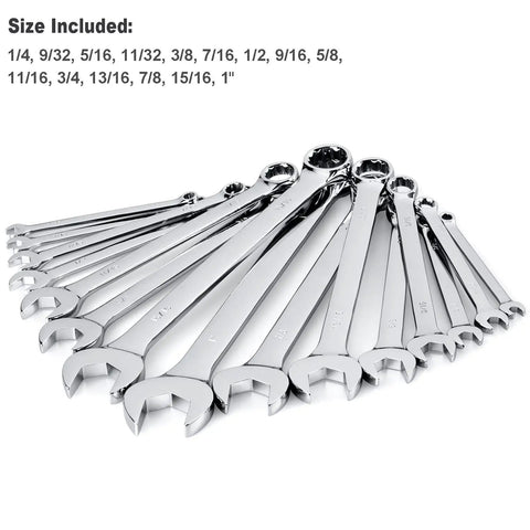 Premium Pro Grade 15 Piece SAE Wrench Set With Rack Organizer Long Pattern Design V Groove Open End And 12 Point Box Ends CrV Steel Mirror Chrome Finish From 1/4 Inch To 1 Inch, sizes included