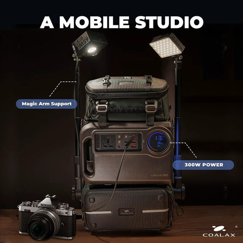 Go To Travel Camera Backpack With 96Wh Portable Power Station and magic arm support showcased as a mobile studio.