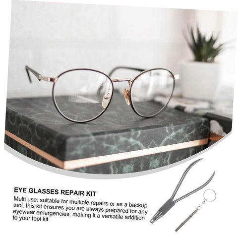 Stainless Steel Two Piece Eyeglass Repair Kit With Flat Nose Pliers And Precision Screwdriver For Quick Adjustments shown with eyeglasses