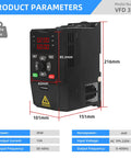 Three Kilowatt VFD Variable Frequency Drive Inverter Controller measurements and parameters shown