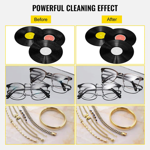 Keep Your Wax Crack Free With This Sleek Six Liter Ultrasonic Record Cleaner Holds Eight Vinyl Spinners Features Rust Proof Steel And Automatic Drying Rack For Fresh Turntables; before and after cleaning visuals.