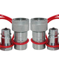 Amazon 1/2 in hydraulic quick-connect tractor couplers with red dust caps, Pioneer ISO 5675, front view.