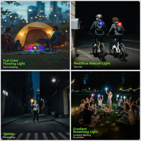 HD03 EDC Rechargeable Clip On Flashlight With 680 Lumens 8 Modes showcasing diverse lighting for camping, cycling at night, urban, and party use.